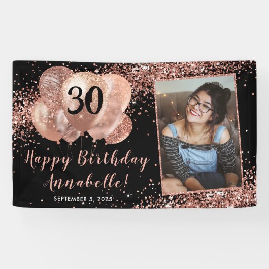 Black Roos Gold Glitter Ballon Foto Birthday Spandoek (Horizontaal)
