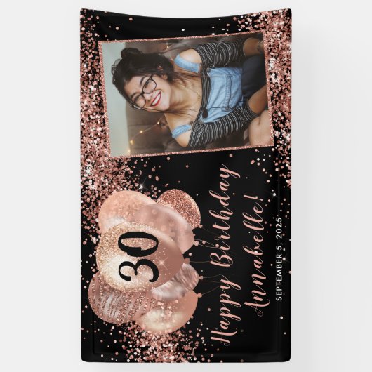 Black Roos Gold Glitter Ballon Foto Birthday Spandoek (Verticaal)