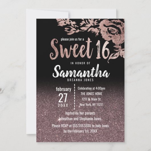 Black Roos Gold Glitter Floral gradiënt Sweet 16 Kaart (Voorkant)