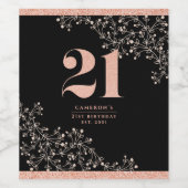 Black Roos Gold Glitter Pattern 21st Birthday Wijn Etiket (Enkel label)