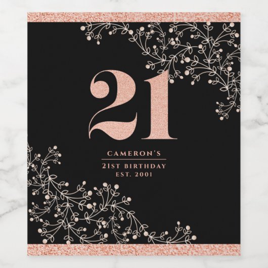 Black Roos Gold Glitter Pattern 21st Birthday Wijn Etiket (Enkel label)