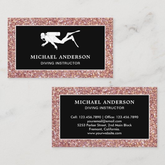Black Roos Gold Glitter Scuba Diving Instructor Visitekaartje (Voorkant / Achterkant)