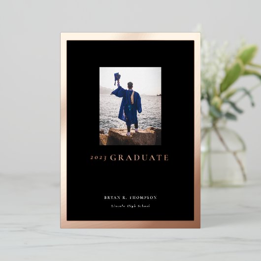 Black Roos Gold Lijst Afstuderen Aankondiging Kaar (Staand Voorkant)