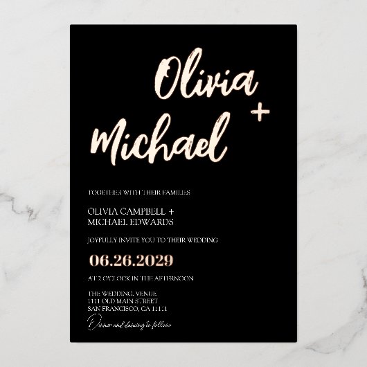 Black Roos Gold Modern Script Calligraphy Wedding Folie Uitnodiging (Voorkant)