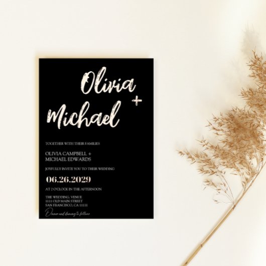 Black Roos Gold Modern Script Calligraphy Wedding Folie Uitnodiging