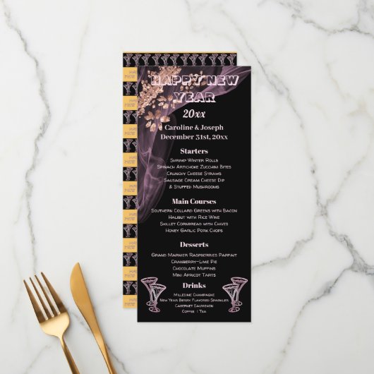 Black Roos Gold Nieuwjaarsmenu & champagne-bril Menu (Voorkant / Achterkant in situ)