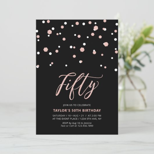 Black & Roos Gold Simple 50th Birthday Party Kaart (Staand voorkant)