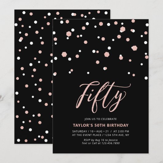 Black & Roos Gold Simple 50th Birthday Party Kaart (Voorkant / Achterkant)