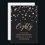 Black Roos Gold Simple 80th Birthday Party Kaart<br><div class="desc">Viel je speciale dag met deze minimale uitnodiging voor het 80ste verjaardagsfeest. Dit ontwerp is voorzien van een stijlvol letterschrift "Eighty" met zeshoekig confetti met een zwarte & roos gouden kleurencombinatie. Meer design zijn beschikbaar in mijn winkel BaraBomDesign.</div>