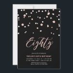 Black Roos Gold Simple 80th Birthday Party Kaart<br><div class="desc">Viel je speciale dag met deze minimale uitnodiging voor het 80ste verjaardagsfeest. Dit ontwerp is voorzien van een stijlvol letterschrift "Eighty" met zeshoekig confetti met een zwarte & roos gouden kleurencombinatie. Meer design zijn beschikbaar in mijn winkel BaraBomDesign.</div>