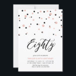 Black Roos Gold Simple 80th Birthday Party Kaart<br><div class="desc">Viel je speciale dag met deze minimale uitnodiging voor het 80ste verjaardagsfeest. Dit ontwerp is voorzien van een stijlvol letterschrift "Eighty" met zeshoekig confetti met een zwarte & roos gouden kleurencombinatie. Meer design zijn beschikbaar in mijn winkel BaraBomDesign.</div>