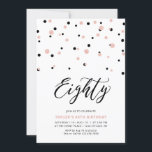 Black Roos Gold Simple 80th Birthday Party Kaart<br><div class="desc">Viel je speciale dag met deze minimale uitnodiging voor het 80ste verjaardagsfeest. Dit ontwerp is voorzien van een stijlvol letterschrift "Eighty" met zeshoekig confetti met een zwarte & roos gouden kleurencombinatie. Meer design zijn beschikbaar in mijn winkel BaraBomDesign.</div>