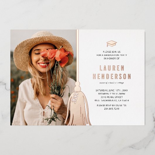 Black Roos Gold Tassel Photo Graduparty Folie Uitnodiging (Voorkant)