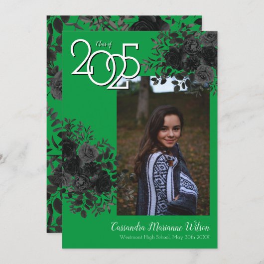 Black Roos Green Gothic Afstuderen kondiging Kaart (Voorkant / Achterkant)