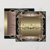 Black & Roos Swirl Sweet 16 Verjaardagsuitnodiging Kaart (Voorkant / Achterkant)