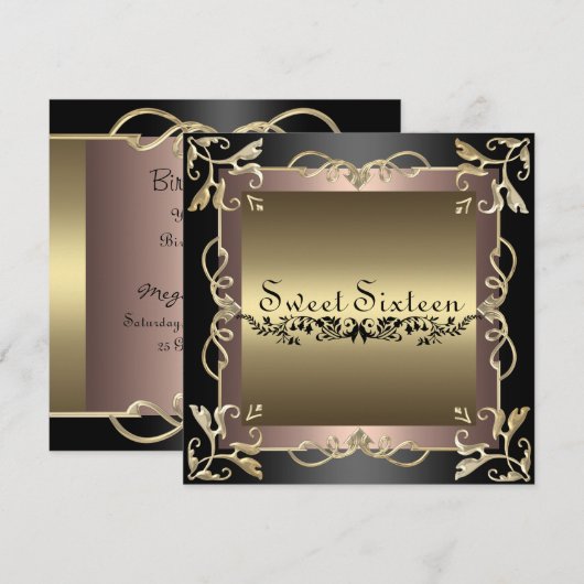 Black & Roos Swirl Sweet 16 Verjaardagsuitnodiging Kaart (Voorkant / Achterkant)