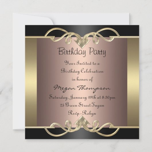 Black & Roos Swirl Sweet 16 Verjaardagsuitnodiging Kaart (Achterkant)