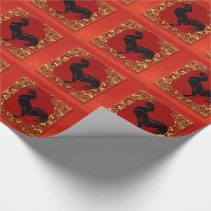 Black Rooster Chinese Zodiac Animal Red en Gold Cadeaupapier