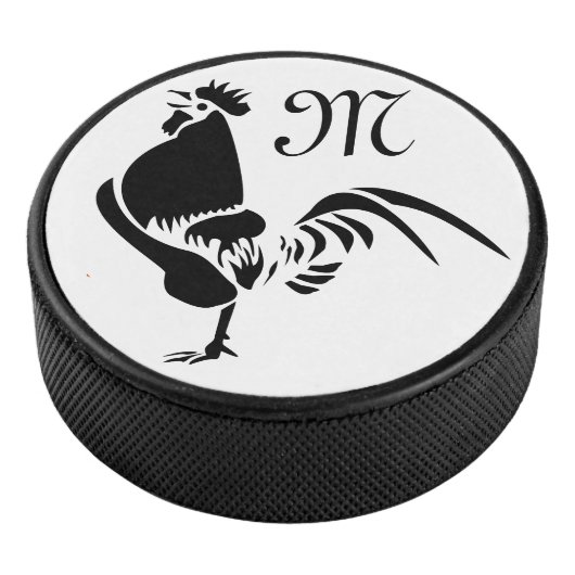 Black Rooster Croting the Good Morning Alarm Hockey Puck (3/4)