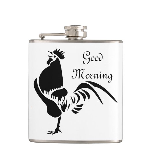 Black Rooster Crowing Silhouette Heupfles (Voorkant)