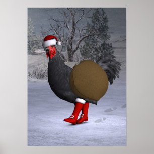 Black Rooster Santa Claus Poster