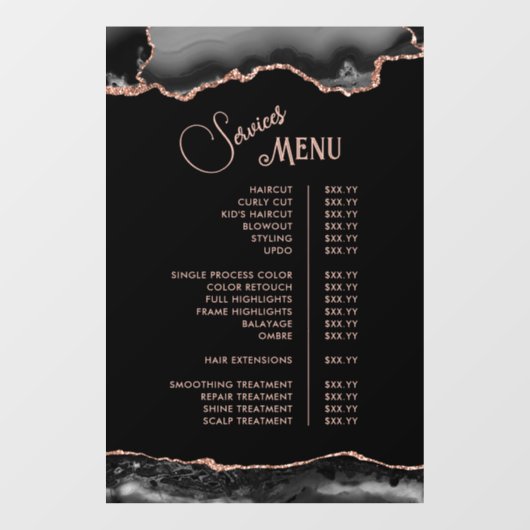 Black Rose Gold Agate Diensten Menu Raamsticker (Vel)