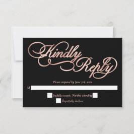 Black & Rose Gold Calligraphy Formal Wedding RSVP Kaartje