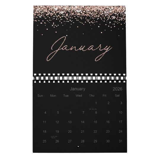 Black Rose Gold Glitter Elegant Modern Script 2026 Kalender (Jan 2026)