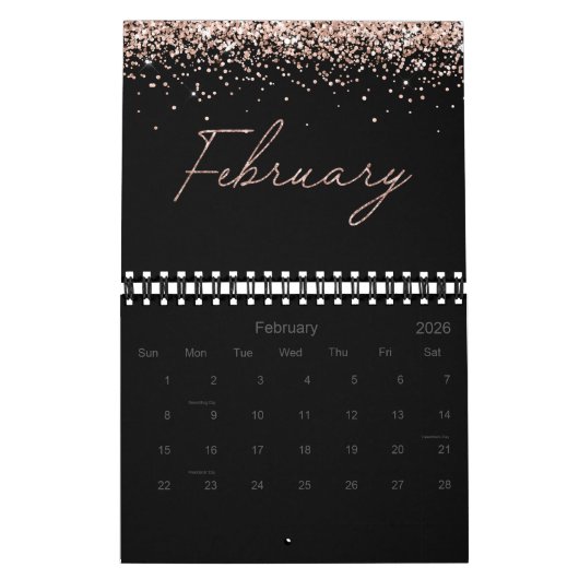 Black Rose Gold Glitter Elegant Modern Script 2026 Kalender (Feb 2026)