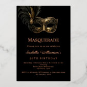 Black rose gold Masquerade birthday party Folie Uitnodiging (Voorkant)