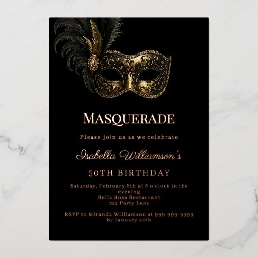 Black rose gold Masquerade birthday party Folie Uitnodiging (Voorkant)