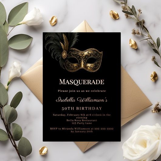 Black rose gold Masquerade birthday party Folie Uitnodiging