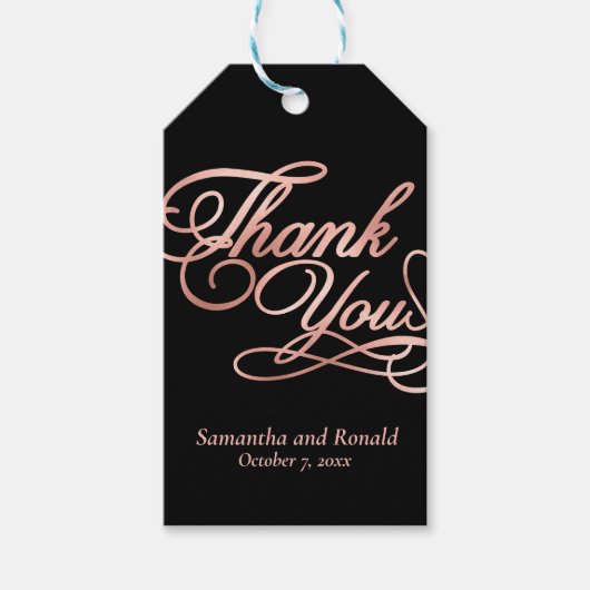 Black & Rose Gold Thank You Calligraphy Wedding Cadeaulabel (Voorkant)