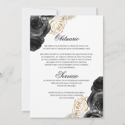 black rose obituary spanish invitation  bedankkaart (Achterkant)