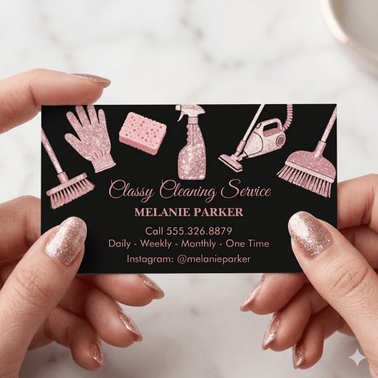 Black & Rose pink Glitter Classy Cleaning Services Visitekaartje