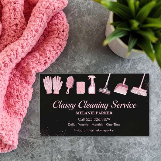 Black & Rose pink Glitter Classy Cleaning Services Visitekaartje