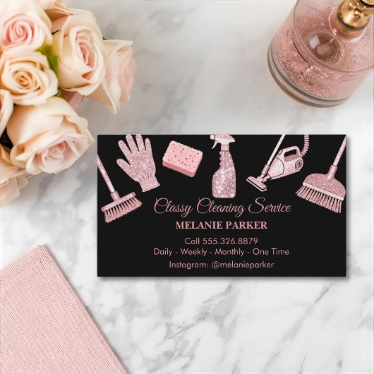 Black & Rose pink Glitter Classy Cleaning Services Visitekaartje