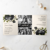 Black Roses Floral Photo Collage Cream Wedding Drieluik Uitnodiging (Binnen)