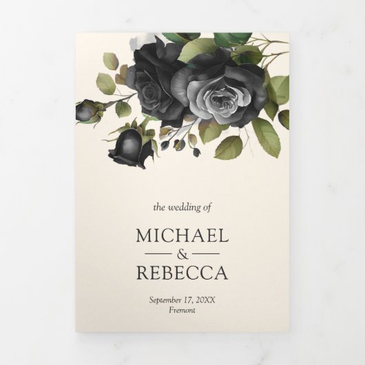Black Roses Floral Photo Collage Cream Wedding Drieluik Uitnodiging (Cover)