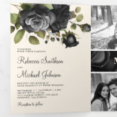 Black Roses Floral Photo Collage Cream Wedding Drieluik Uitnodiging (Binnenzijde eerst)