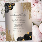 Black Roses Glitter Drips Ivory Retirement Party Kaart