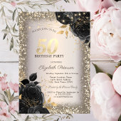 Black Roses,Lights Glitter Frame 50th Birthday Kaart