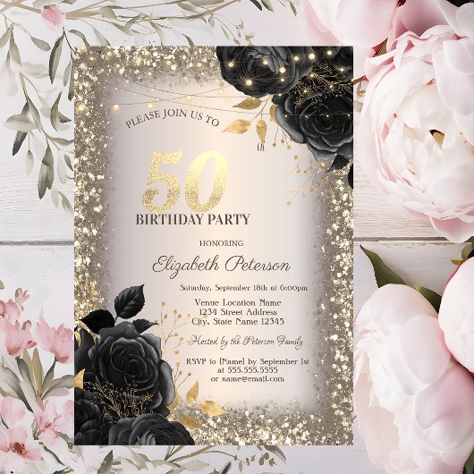 Black Roses,Lights Glitter Frame 50th Birthday Kaart