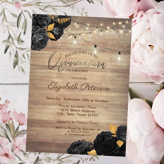 Black Roses,String Lights,Wood Texture Quinceañera Kaart