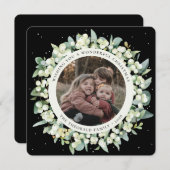 Black Round/Square Snowberry+Eucalyptus Photo Feestdagenkaart (Voorkant / Achterkant)
