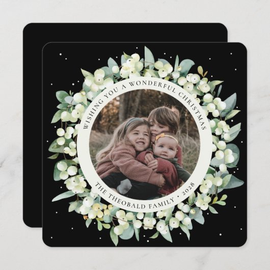 Black Round/Square Snowberry+Eucalyptus Photo Feestdagenkaart (Voorkant / Achterkant)