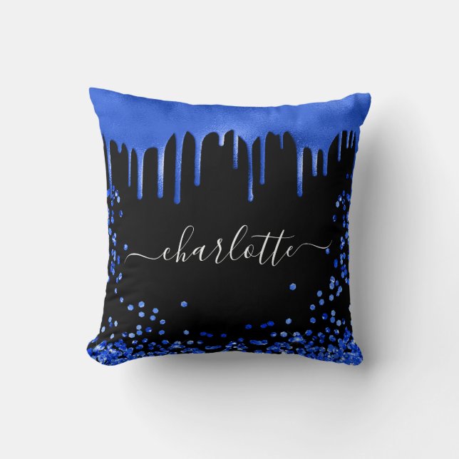 Black royal blue glitter drift name script kussen (Voorkant)