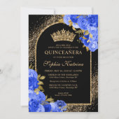 Black Royal Blue Glitter Floral Quinceanera Kaart (Voorkant)