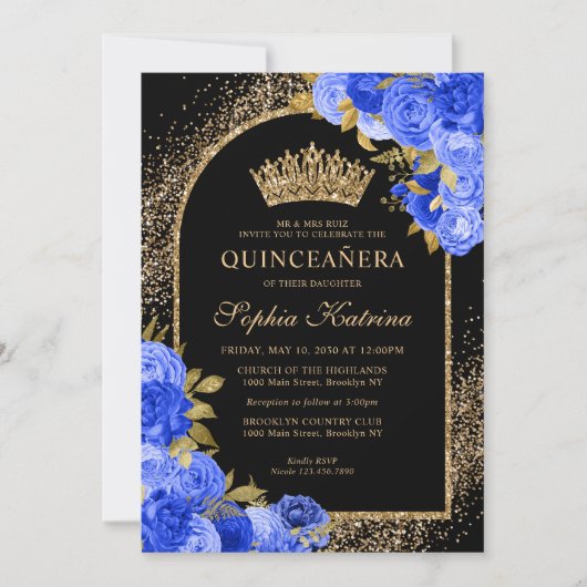 Black Royal Blue Glitter Floral Quinceanera Kaart (Voorkant)