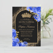 Black Royal Blue Glitter Floral Quinceanera Kaart (Staand voorkant)
